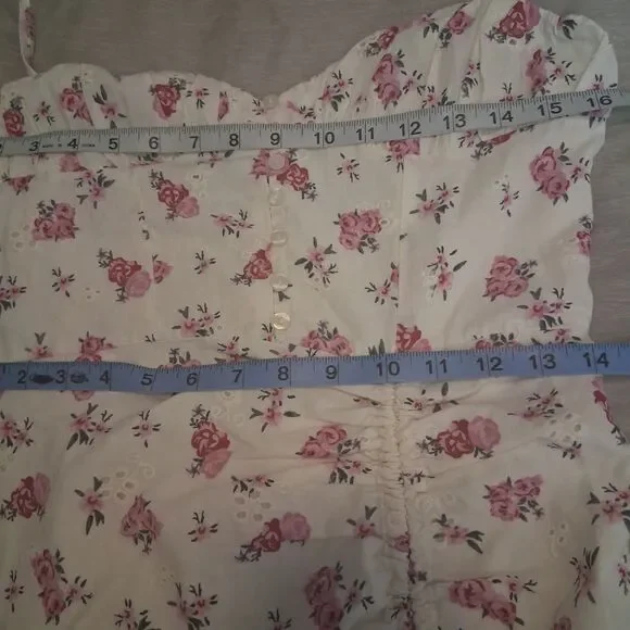 Zara Cottage Pink Floral Dress Eyelet Front Slit Sweetheart Neck - Picture 7 of 8